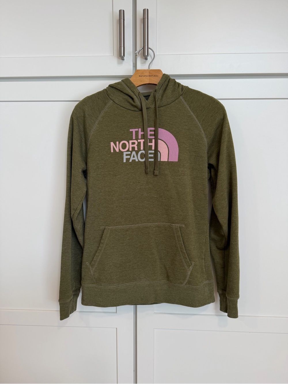 The North Face Women’s Olive Green Hoodie with Pink Logo